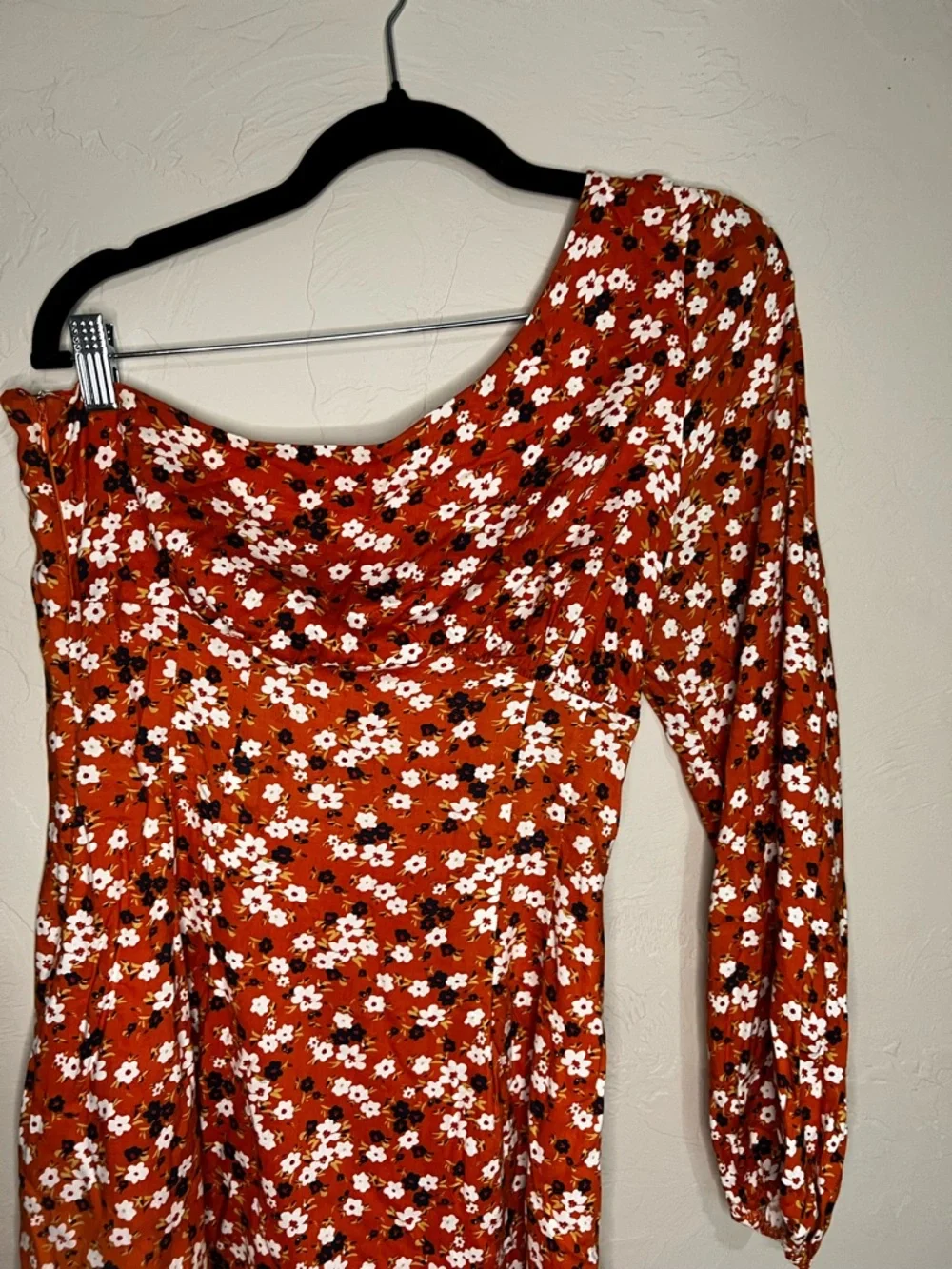 Free People Jules One-Shoulder Orange Floral‎ Mini Boho Dress